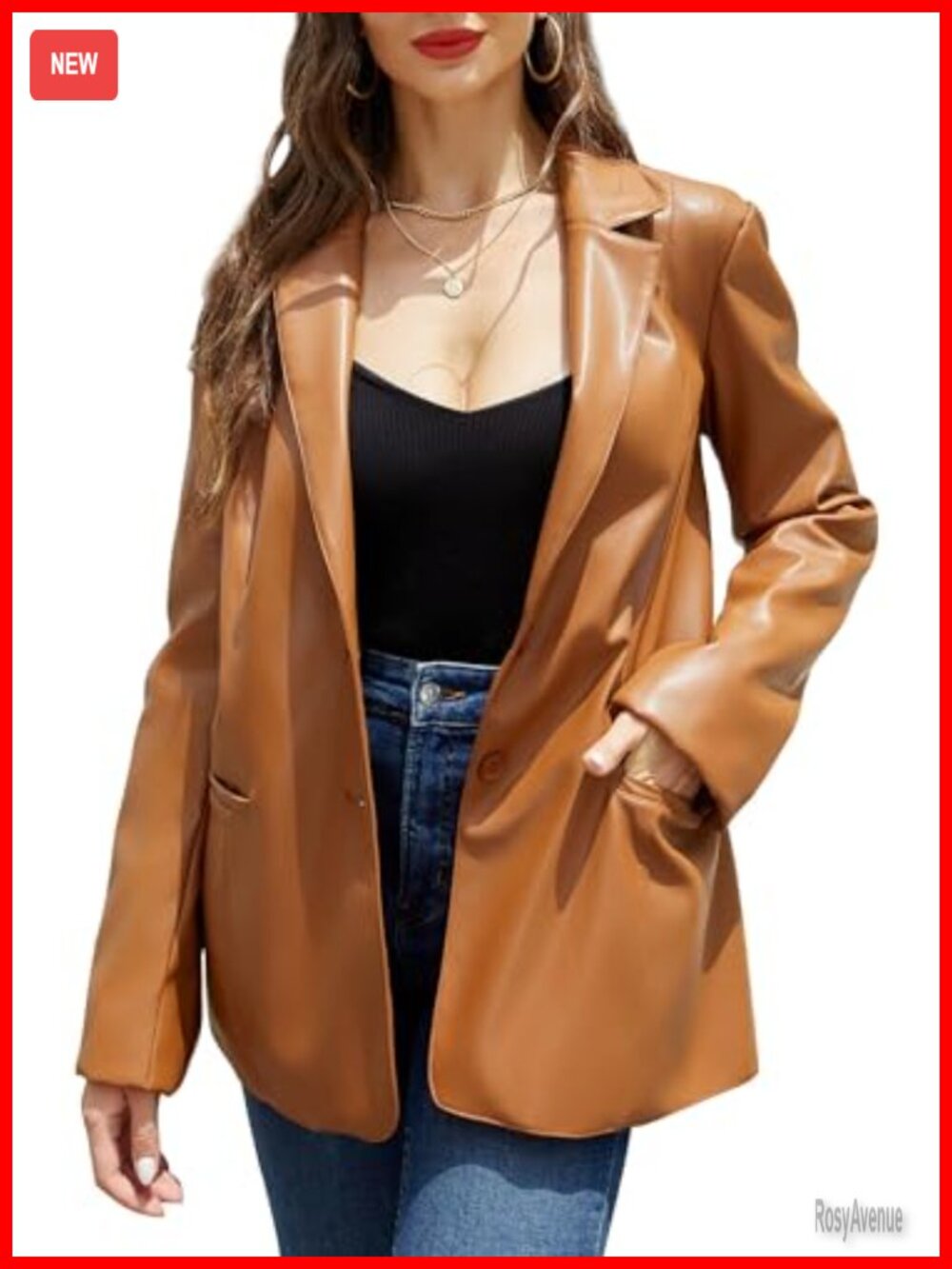 RISISSIDA Women Faux Leather Blazer Jacket Soft PU Pleather Coat